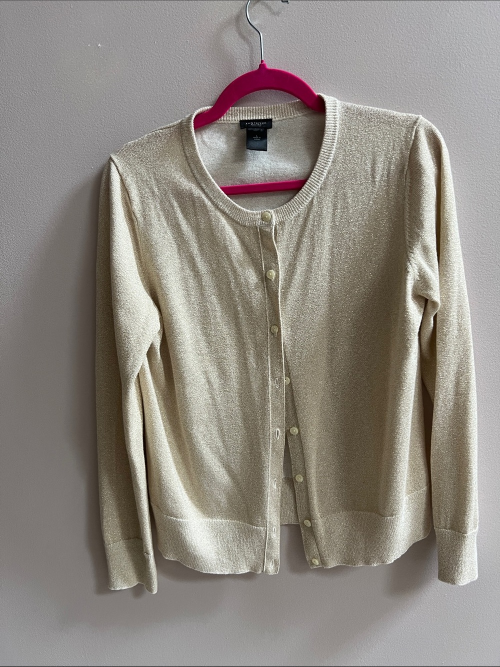 Ann Taylor Factory Light Cream Gold with Sparkles Button-Up Crewneck Cardigan